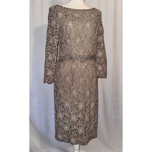 Jackie Jon New York Dress Size 6 Midi Lace Lined Metallic Fiber 3/4 Sleeve Beads